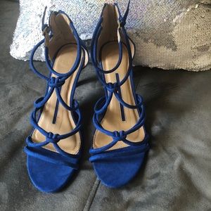 Royal blue suede kitten low heel sandals
